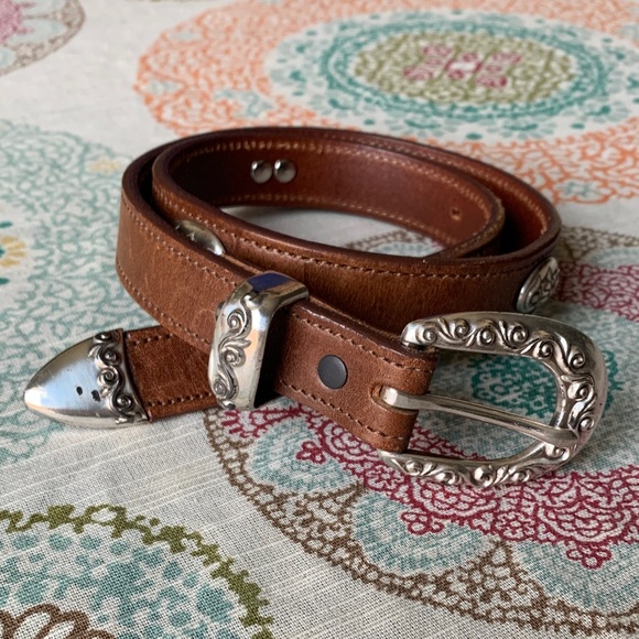 Accessories - Brown Leather Western-Style Belt with Decorative Silver Hardware